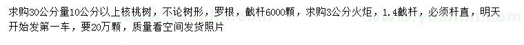 求購30公分量10公分以上核桃樹、3公分火炬