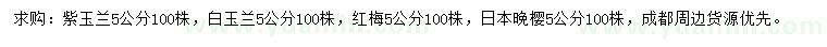 求購紫玉蘭、白玉蘭、紅梅等