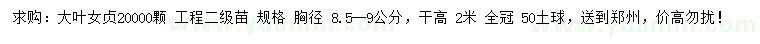 求購胸徑8.5-9公分大葉女貞20000顆 工程二級苗 規(guī)格 胸徑 8.5--9公分，干高 2米 全冠 50土球，送到鄭州，價高勿擾！