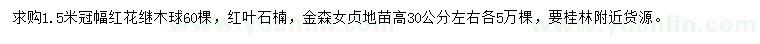 求購紅花繼木球、紅葉石楠、金森女貞地苗