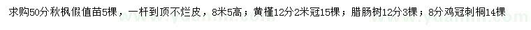 求購秋楓、黃槿、臘腸樹等