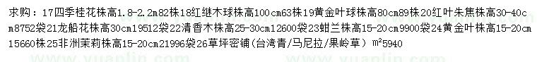 求購四季桂花、紅繼木、黃金葉球等