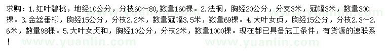 求購紅葉碧桃、法桐、金絲垂柳等