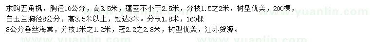 求購(gòu)五角楓、白玉蘭、垂絲海棠