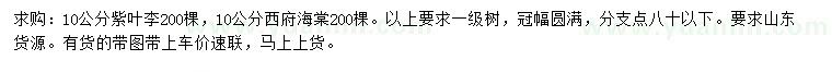 求購10公分紫葉李、西府海棠