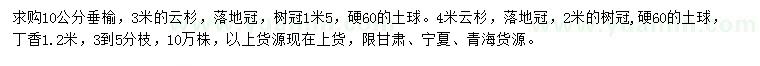 求購垂榆、云杉、丁香