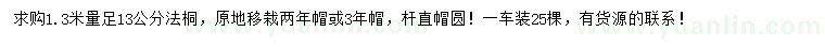 求購1.3米量足13公分法桐