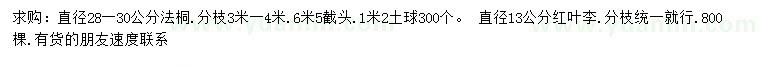 求購(gòu)直徑28-30公分法桐、13公分紅葉李