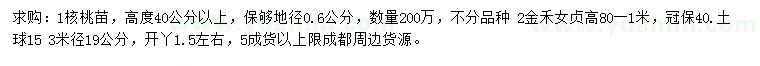 求購地徑0.6公分核桃苗、米徑19公分金禾女貞