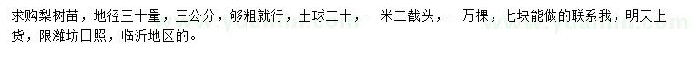 求購地徑30量3公分梨樹苗