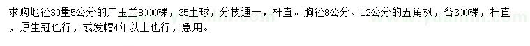 求購地徑30量5公分廣玉蘭、胸徑8、12公分五角楓