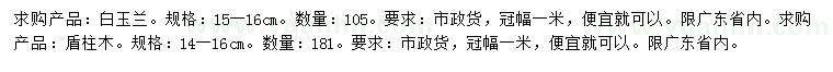 求購(gòu)15-16公分白玉蘭、14-16公分盾柱木