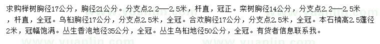 求購櫸樹、欒樹、烏桕等