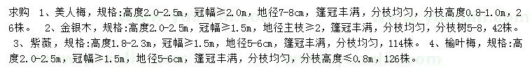 求購(gòu)美人梅、金銀木、紫薇等