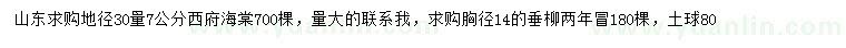求購地徑30量7公分西府海棠、胸徑14公分垂柳