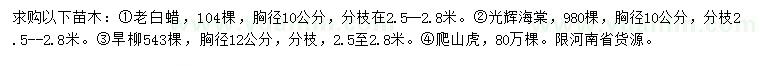 求購老白蠟、光輝海棠、旱柳等