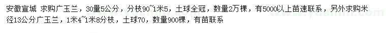 求購30量5公分、米徑15公分廣玉蘭