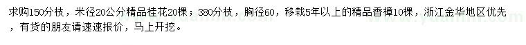 求購(gòu)米徑20公分桂花、胸徑60公分香樟