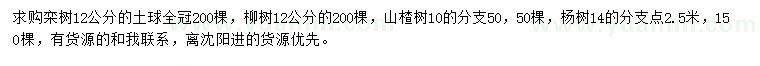 求購(gòu)欒樹、柳樹、山楂等