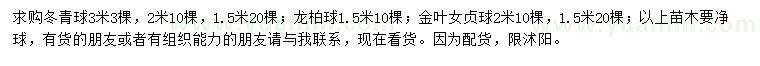 求購冬青球、龍柏球、金葉女貞球