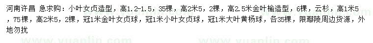 求購小葉女貞、金葉榆、云杉等