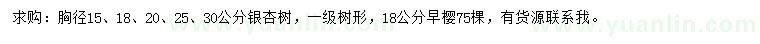 求購胸徑15、18、20、25、30公分銀杏樹、18公分早櫻