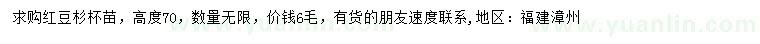 求購高度70公分紅豆杉杯苗
