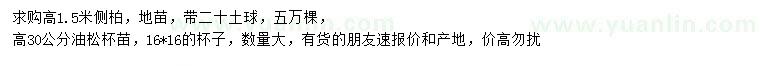 求購高1.5米側(cè)柏、高30公分油松