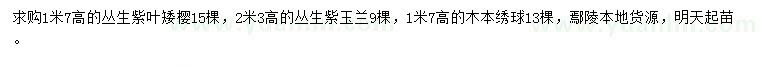 求購叢生紫葉矮櫻、叢生紫玉蘭、木本繡球