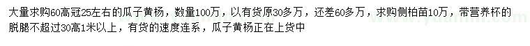 求購高60公分瓜子黃楊、1米以上側(cè)柏