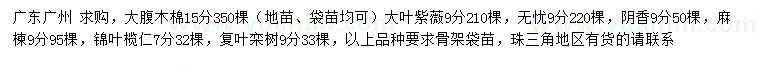 求購大腹木棉、大葉紫薇、無憂等