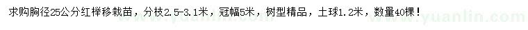 求購胸徑25公分紅櫸移栽苗