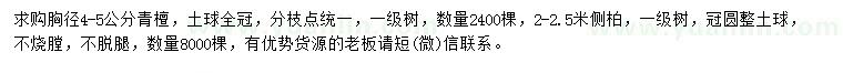 求購胸徑4-5公分青檀、2-2.5米側(cè)柏