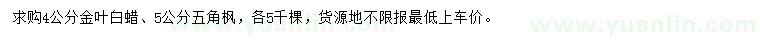 求購4公分金葉白蠟、5公分五角楓