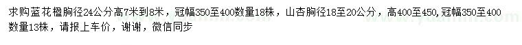 求購胸徑24公分藍(lán)花楹、18-20公分山杏