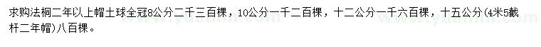 求購8、10、12、15公分法桐