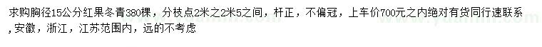 求購胸徑15公分紅果冬青