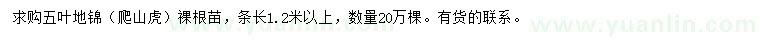 求購(gòu)條長(zhǎng)1.2米以上五葉地錦（爬山虎）