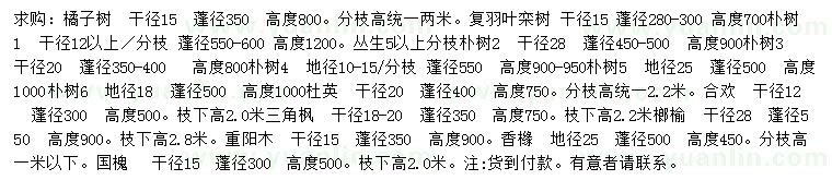 求購橘子樹、復羽葉欒樹、樸樹等