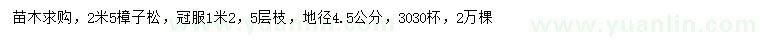 求購地徑4.5公分樟子松