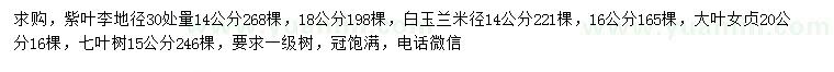 求購紫葉李、白玉蘭、大葉女貞等