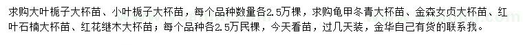 求購大葉梔子、小葉梔子、龜甲冬青等