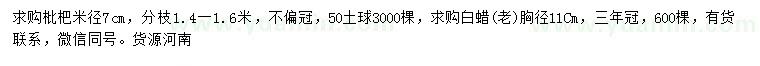求購(gòu)米徑7公分枇杷、胸徑11公分老白蠟