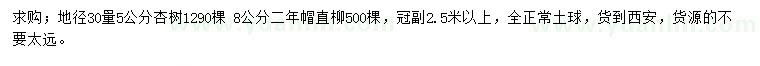 求購地徑30量5公分杏樹、8公分直柳