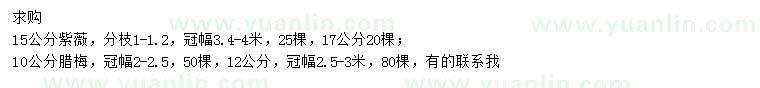 求購15、17公分紫薇、10、12公分臘梅