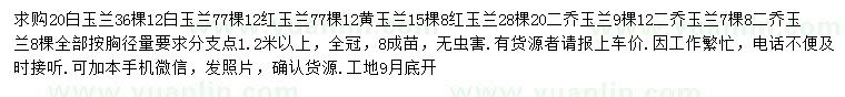 求購紅玉蘭、白玉蘭、黃玉蘭等