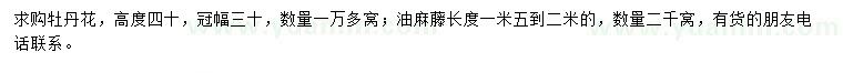 求購高度40公分牡丹花、1.5-2米油麻藤