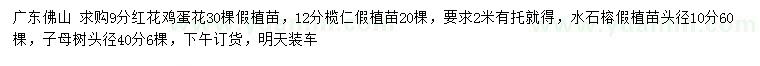 求購紅花雞蛋花、欖仁、水石榕等