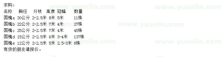 求購(gòu)12、15、25、22、30公分國(guó)槐