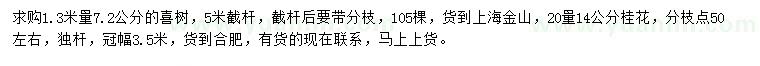 求購1.3米量7.2公分喜樹、20量14公分桂花